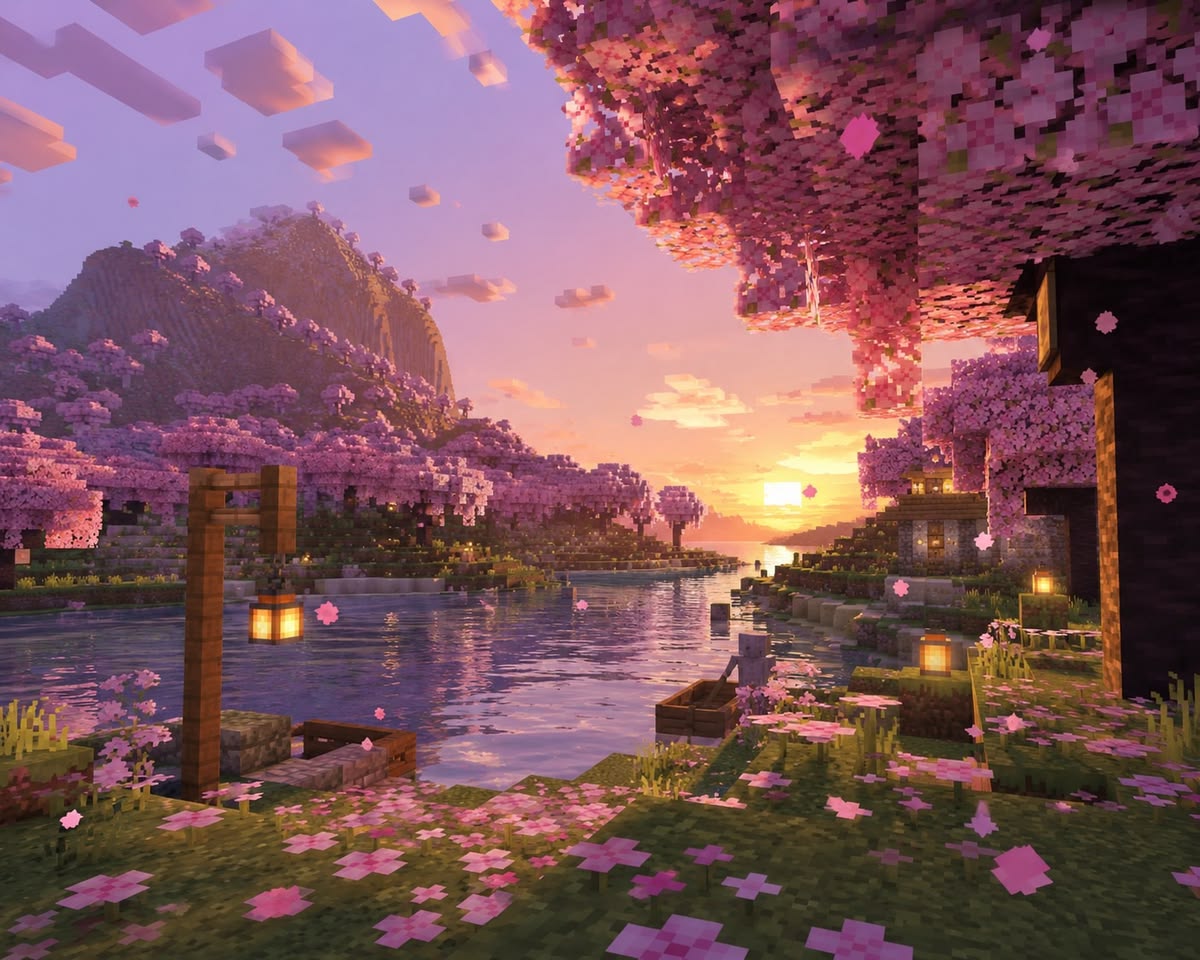 Pink cherry blossom Minecraft lake at sunset