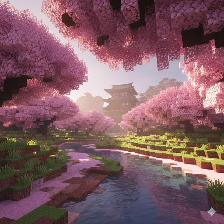 Cozy pink Minecraft cherry river landscape