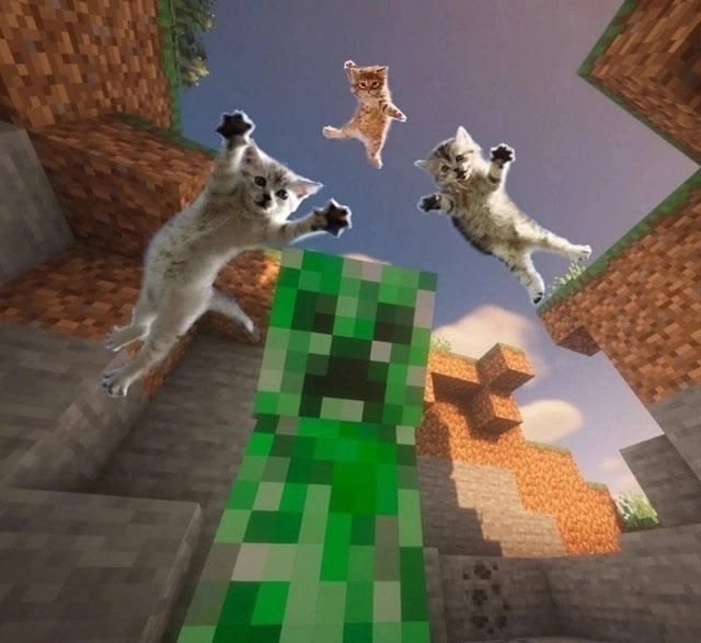 Funny Minecraft creeper scene with cats jumping overhead