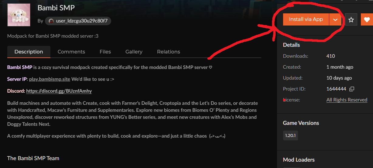 CurseForge Bambi SMP modpack page showing where to click Install via App