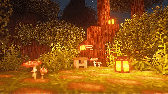 Warm Minecraft forest with lanterns