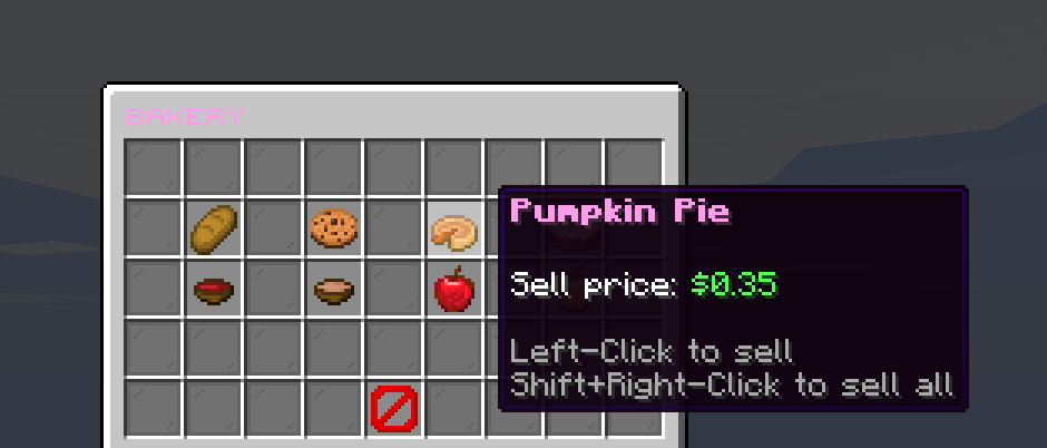 Bambi Shop Bakery menu showing the sell price and click controls