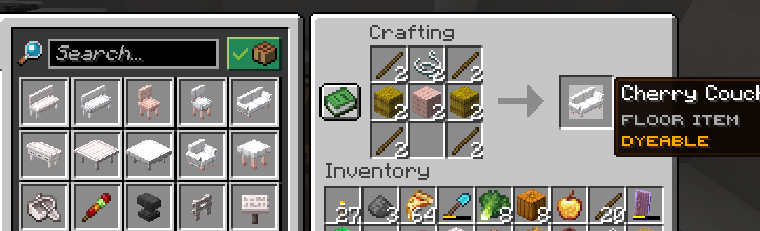 Furniture crafting recipes and examples available on BambiSMP